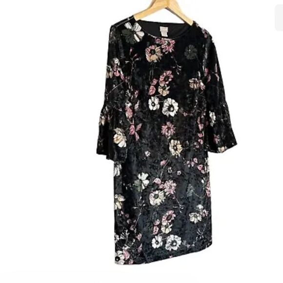 Chico's | Velvet Floral Dress 3/4 Bell Sleeve Pullover Stretch EUC - Picture 3 of 8